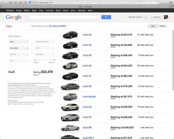 Google startet neue Online-Automobilbörse: Strukturierte Übersicht und mit den wichtigsten Angaben auf einen Blick. (Bild 3)