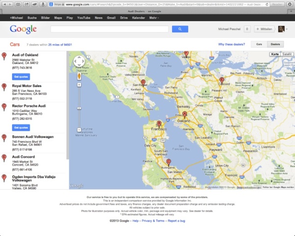 Google startet neue Online-Automobilbörse: Google Cars bietet eine perfekte Übersicht dank der Einbindung von Google Maps. (Bild 4)