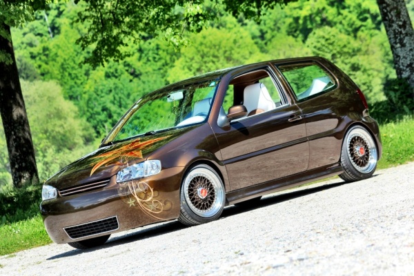 VW Polo 6N im Dschungelfieber: BBS RS in 16 Zoll und braun lackiertem Stern drehen sich in den geweiteten Radkästen. (Bild 1)